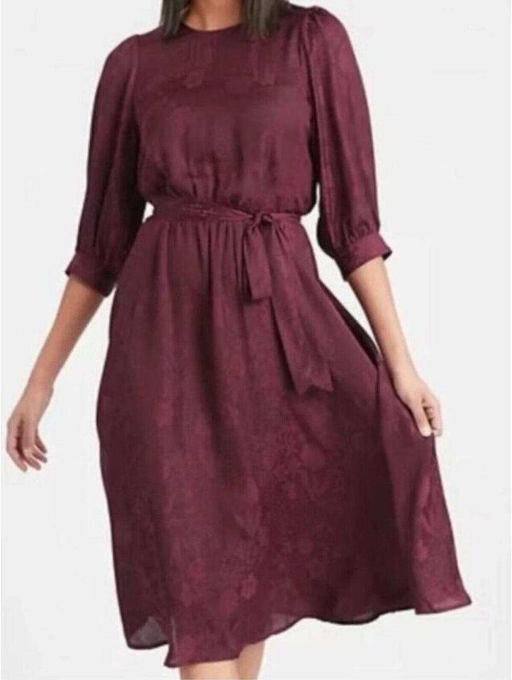 Banana Republic Wine Floral Jacquard Midi Dress Tie Waist Puff Sleeve S